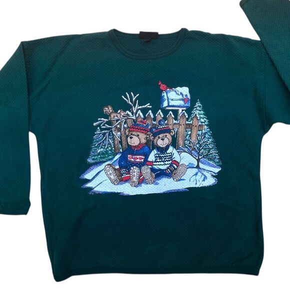 Vintage Winter Teddy Sweatshirt M/L Green Pullover Bears X-mas Tompkins Avenue - Picture 2 of 14